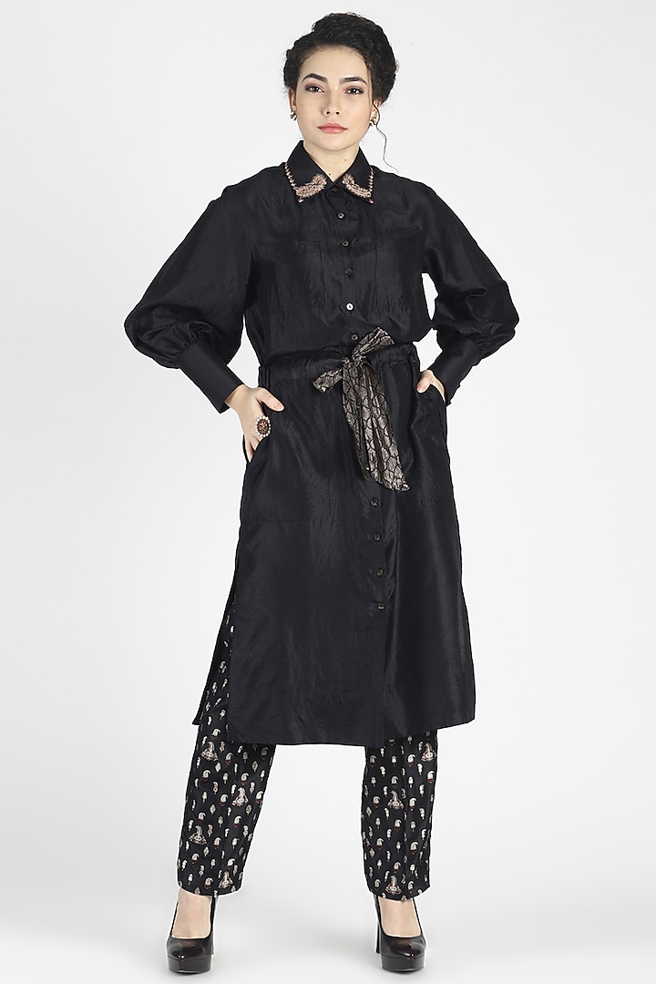 Black Embroidered Shirt Tunic by House of Three