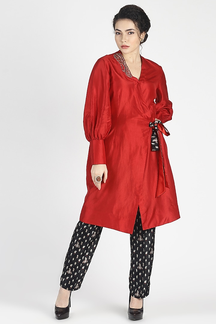 Red Embroidered Overlapped Tunic by House of Three