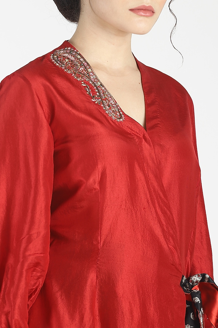 Red Embroidered Overlapped Tunic by House of Three at Pernia's Pop Up Shop