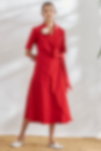 Red Cotton Poplin Wrap Dress by House of Three