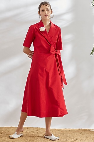 Red Cotton Poplin Wrap Dress by House of Three