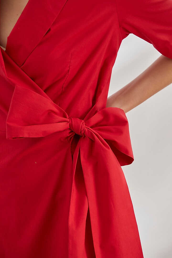 Red Cotton Poplin Wrap Summer Dress by House of Three at Pernia's Pop Up Shop