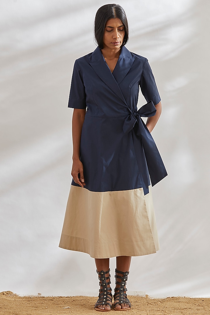 Navy Blue & Beige Wrap Dress by House of Three