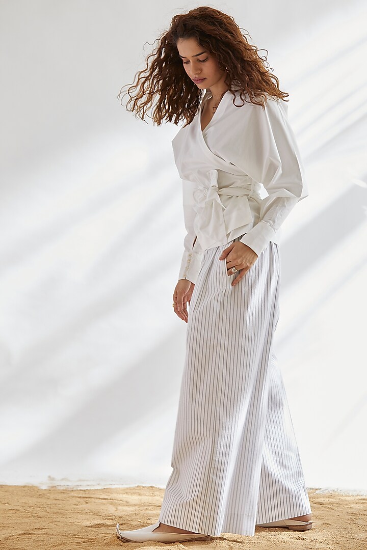 White Striped Paper Bag Trousers by House of Three