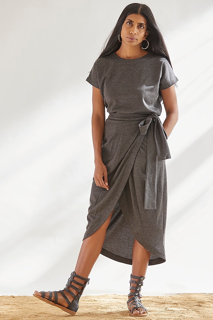 Grey Viscose Draped Wrap Skirt Set by House of Three at Pernia's Pop Up Shop