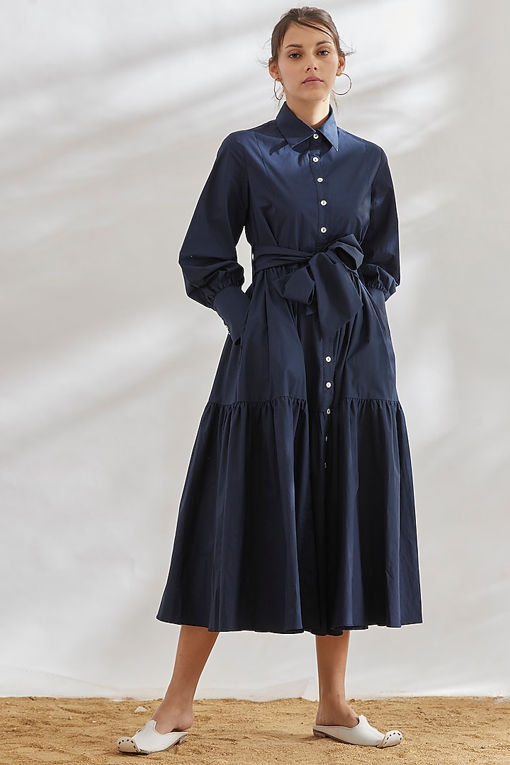 Navy Blue Tie-Up Tiered Dress by House of Three
