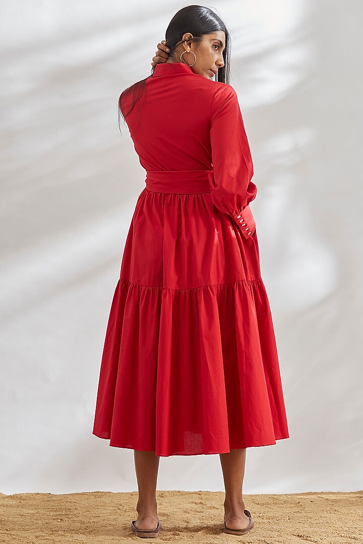 Red Cotton Poplin Tiered Summer Dress by House of Three at Pernia's Pop Up Shop