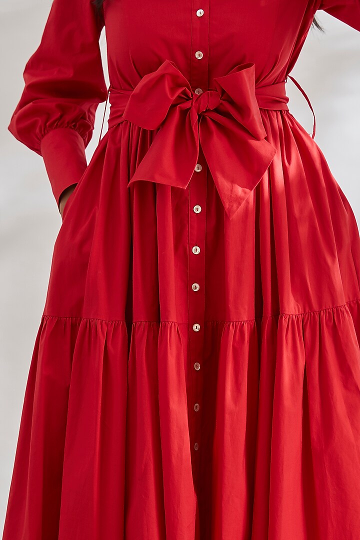Red Cotton Poplin Tiered Summer Dress by House of Three at Pernia's Pop Up Shop