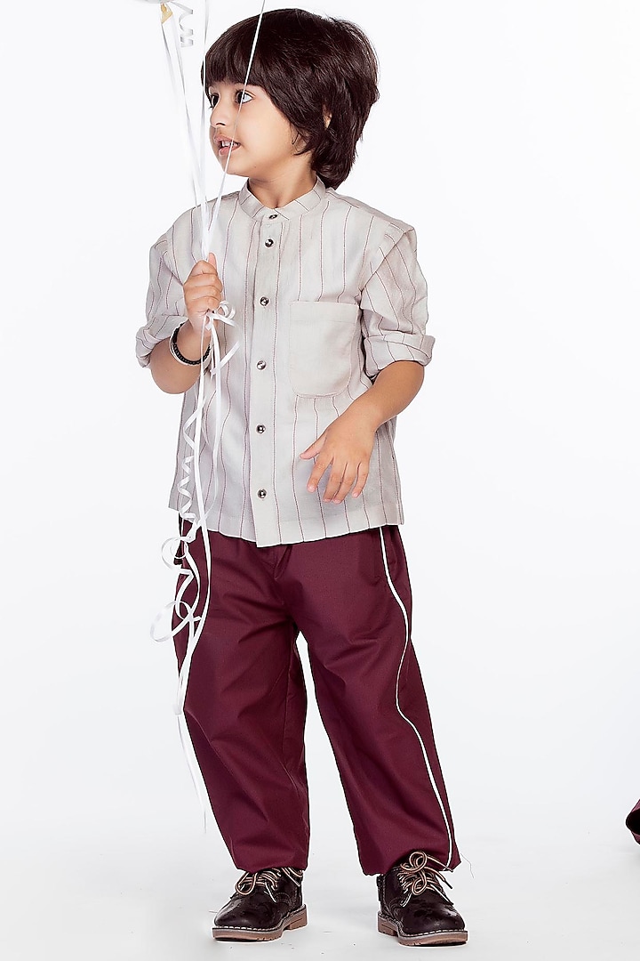 Wine Striped Pant Set For Boys by Three Kidswear