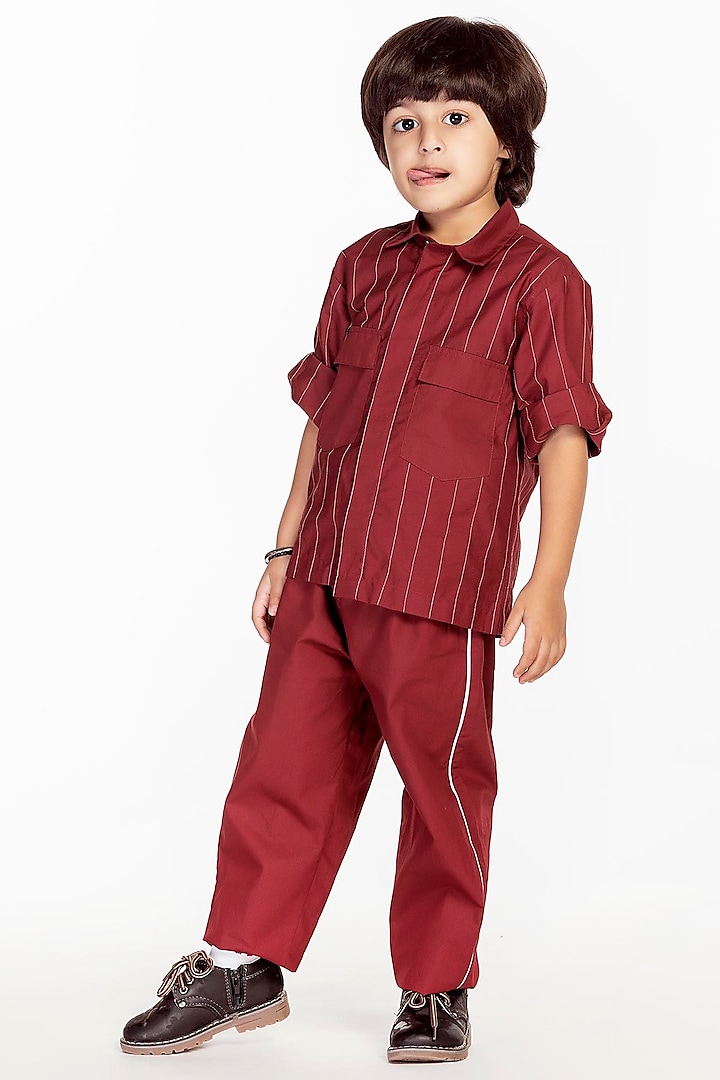 Crimson Red Cotton Poplin Pant Set For Boys by Three Kidswear