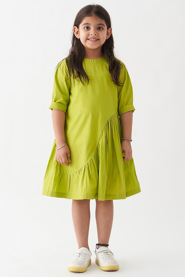 Lime Cotton Poplin Asymmetric Wave Dress For Girls by Three Kidswear