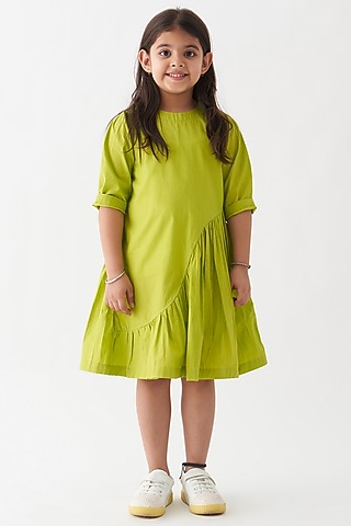 Lime Cotton Poplin Asymmetric Wave Dress For Girls by Three Kidswear