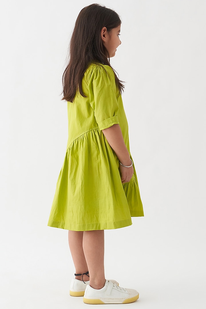 Lime Cotton Poplin Asymmetric Wave Dress For Girls by Three Kidswear at Pernia's Pop Up Shop