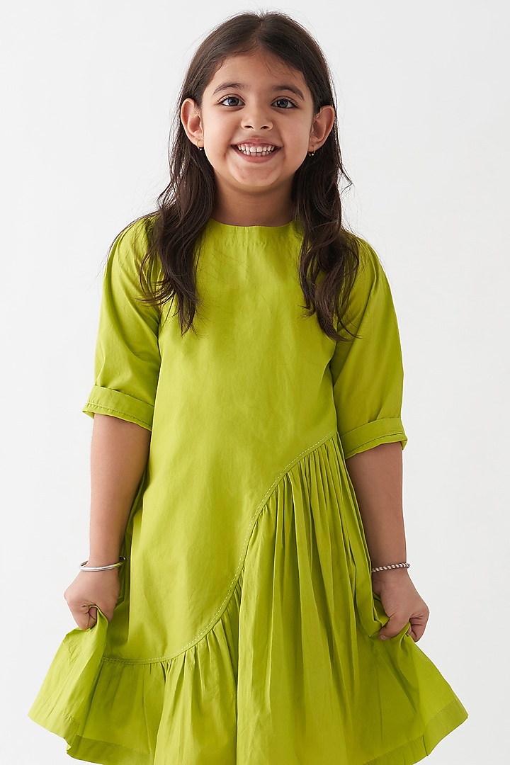 Lime Cotton Poplin Asymmetric Wave Dress For Girls by Three Kidswear at Pernia's Pop Up Shop