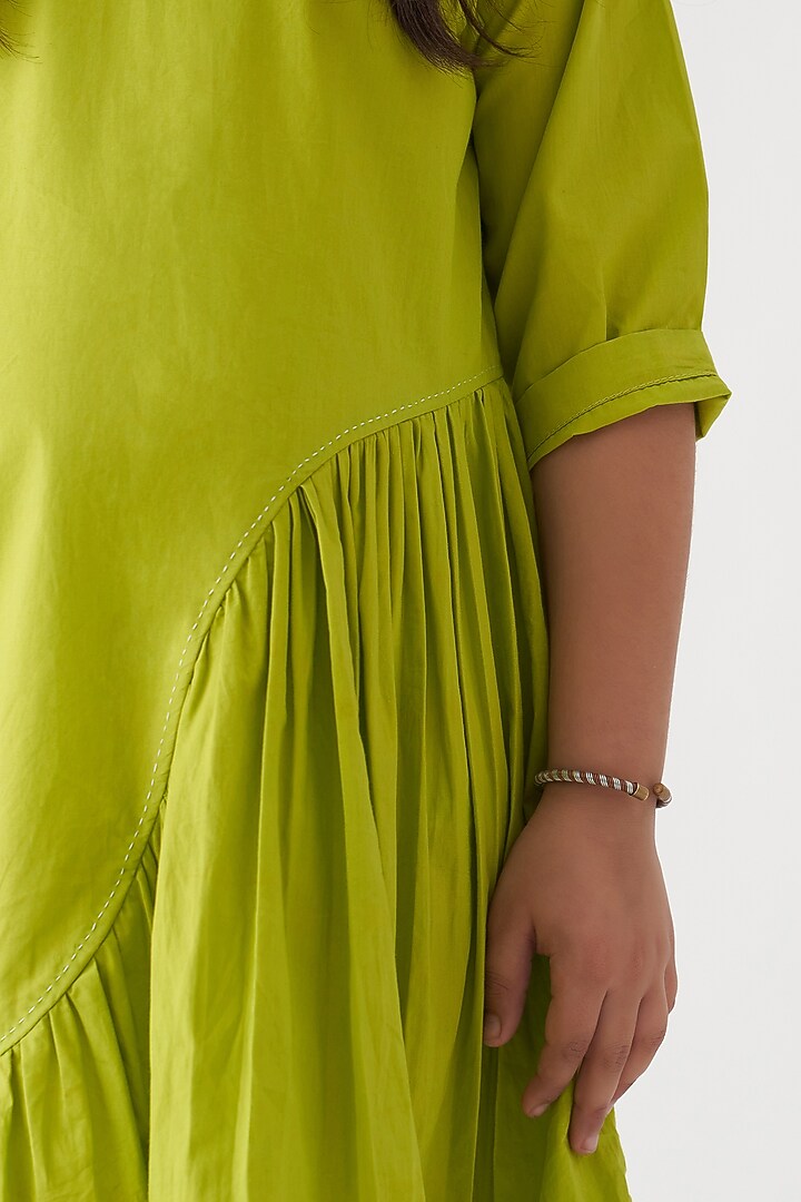Lime Cotton Poplin Asymmetric Wave Dress For Girls by Three Kidswear at Pernia's Pop Up Shop