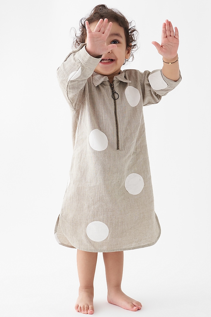 Beige Handwoven Cotton Polka Zipper Dress For Girls by Three Kidswear