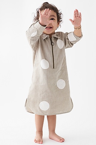 Beige Handwoven Cotton Polka Zipper Dress For Girls by Three Kidswear
