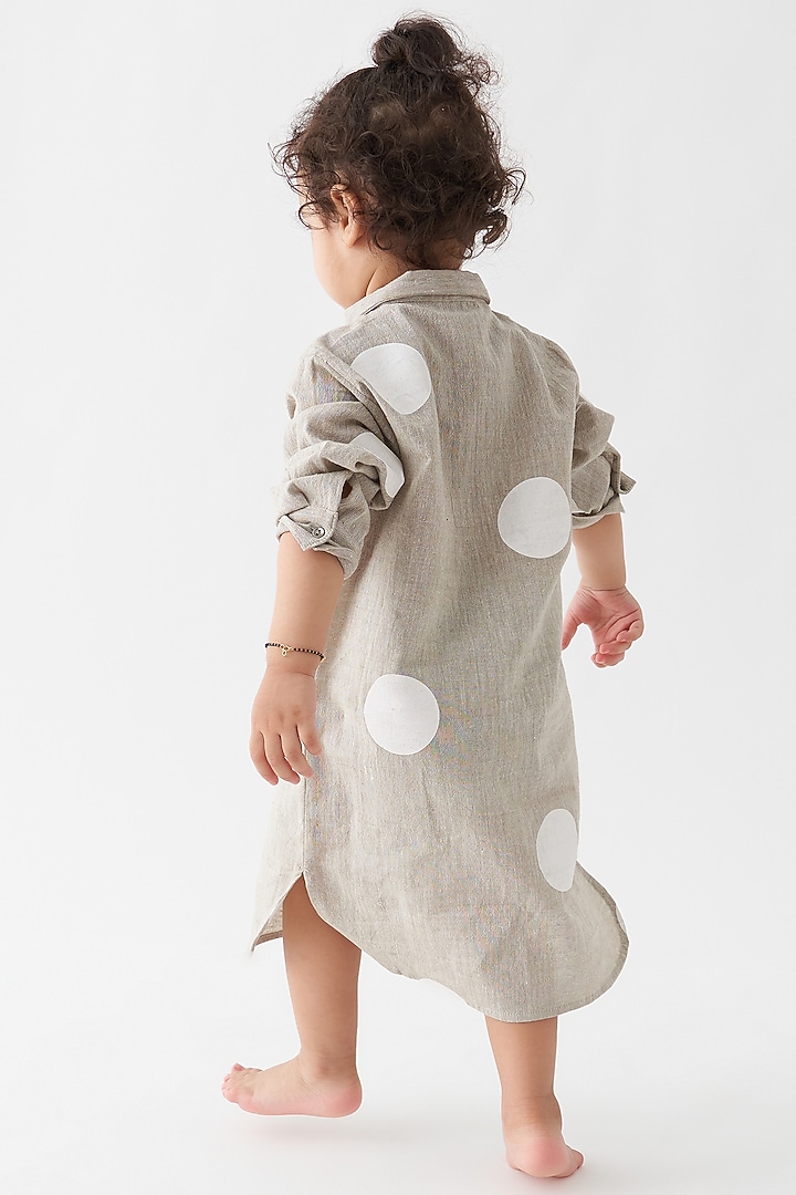 Beige Handwoven Cotton Polka Zipper Dress For Girls by Three Kidswear at Pernia's Pop Up Shop
