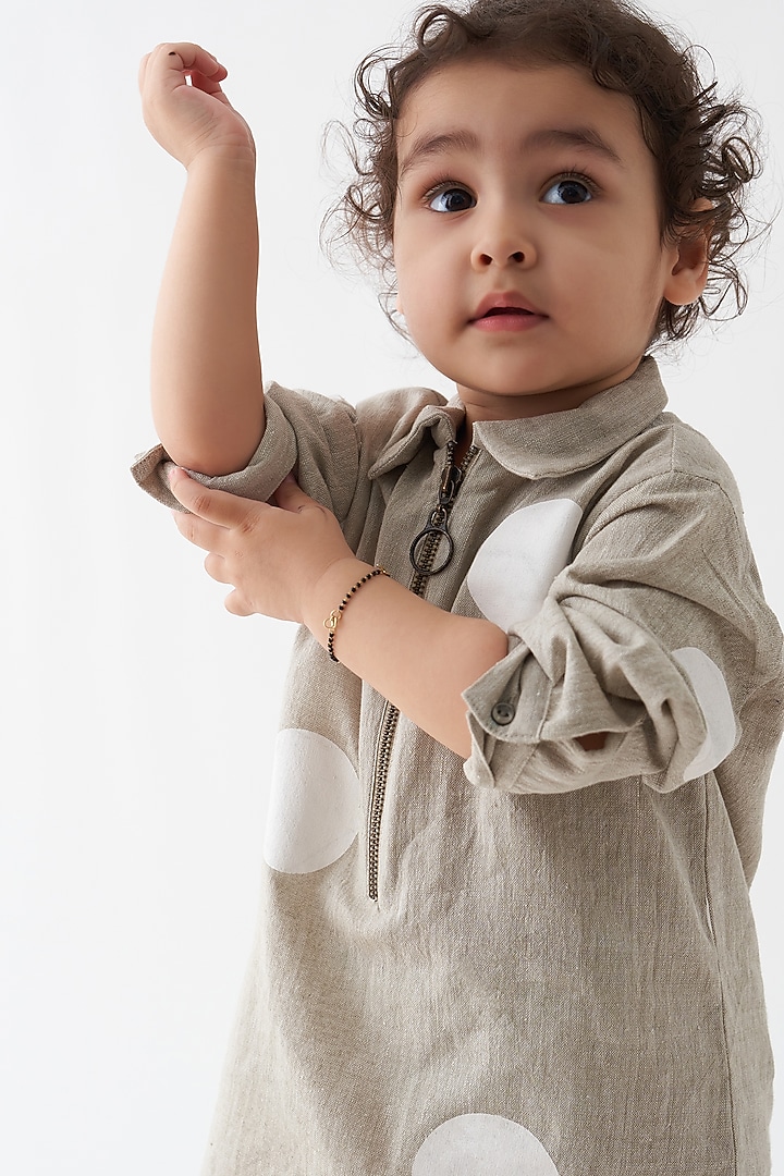 Beige Handwoven Cotton Polka Zipper Dress For Girls by Three Kidswear at Pernia's Pop Up Shop
