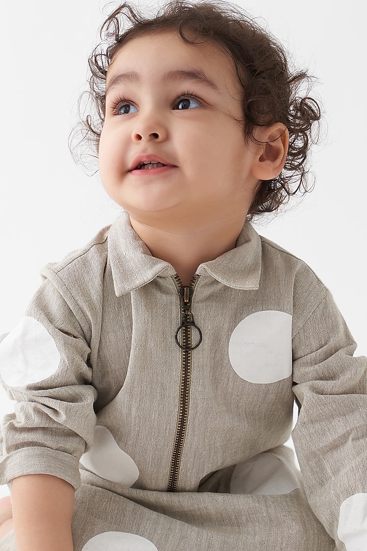 Beige Handwoven Cotton Polka Zipper Dress For Girls by Three Kidswear at Pernia's Pop Up Shop