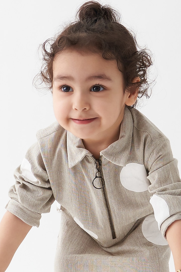 Beige Handwoven Cotton Polka Zipper Dress For Girls by Three Kidswear at Pernia's Pop Up Shop