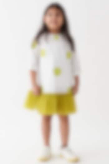 White & Lime Cotton Poplin Polka Frilled Dress For Girls by Three Kidswear