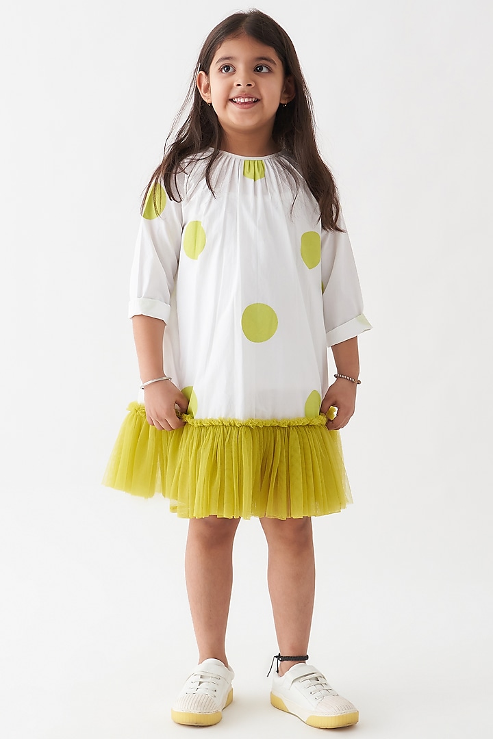 White & Lime Cotton Poplin Polka Frilled Dress For Girls by Three Kidswear