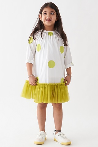 White & Lime Cotton Poplin Polka Frilled Dress For Girls by Three Kidswear