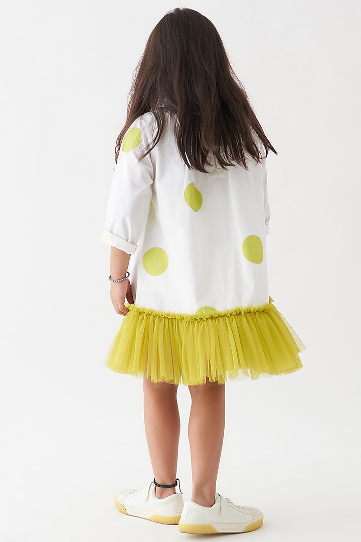 White & Lime Cotton Poplin Polka Frilled Dress For Girls by Three Kidswear at Pernia's Pop Up Shop