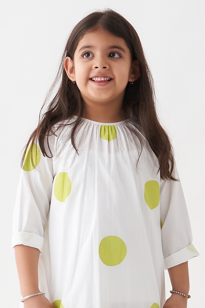 White & Lime Cotton Poplin Polka Frilled Dress For Girls by Three Kidswear at Pernia's Pop Up Shop