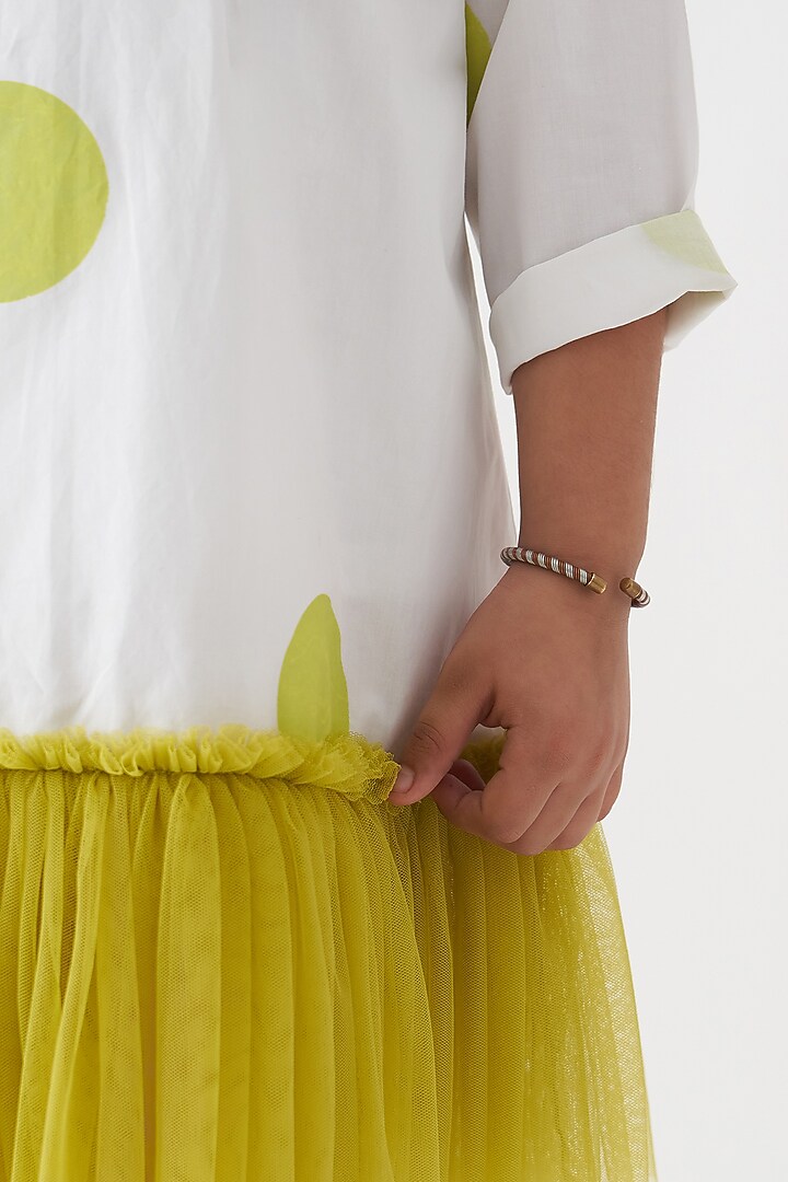 White & Lime Cotton Poplin Polka Frilled Dress For Girls by Three Kidswear at Pernia's Pop Up Shop