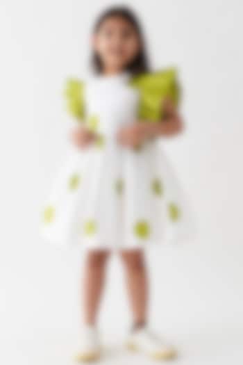 White & Lime Cotton Poplin Polka Frilled Gathered Dress For Girls by Three Kidswear