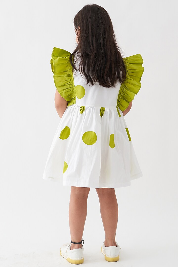 White & Lime Cotton Poplin Polka Frilled Gathered Dress For Girls by Three Kidswear at Pernia's Pop Up Shop