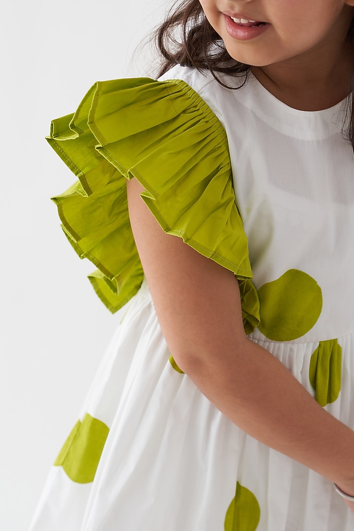 White & Lime Cotton Poplin Polka Frilled Gathered Dress For Girls by Three Kidswear at Pernia's Pop Up Shop