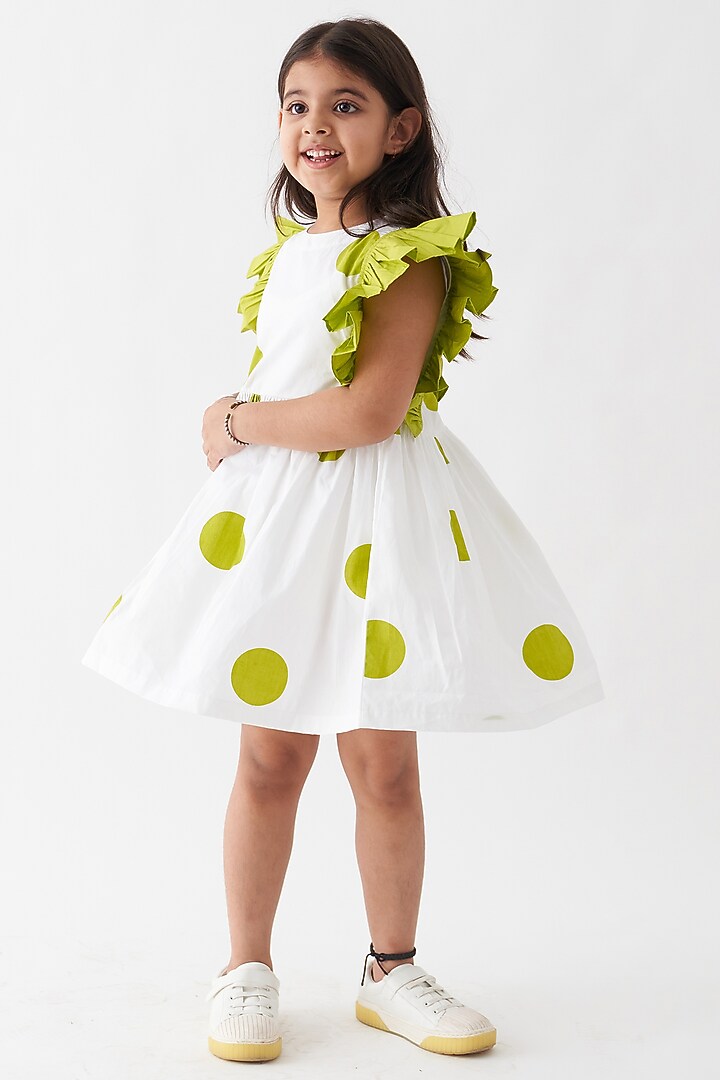 White & Lime Cotton Poplin Polka Frilled Gathered Dress For Girls by Three Kidswear at Pernia's Pop Up Shop