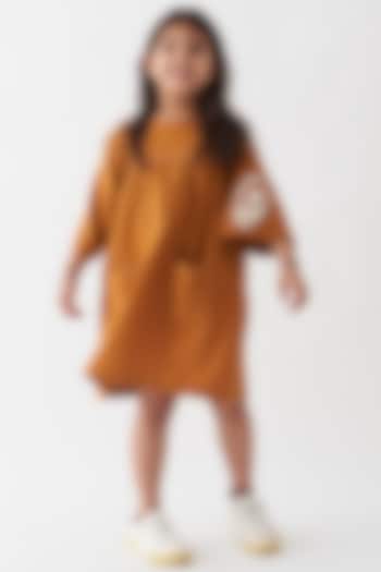 Rust Handwoven Cotton Dress For Girls by Three Kidswear