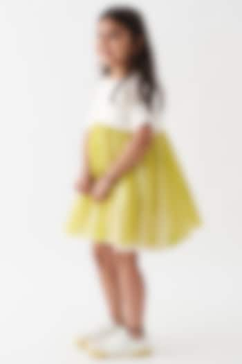 White & Lime Soft Net Polka Gathered Dress For Girls by Three Kidswear