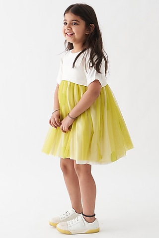 White & Lime Soft Net Polka Gathered Dress For Girls by Three Kidswear