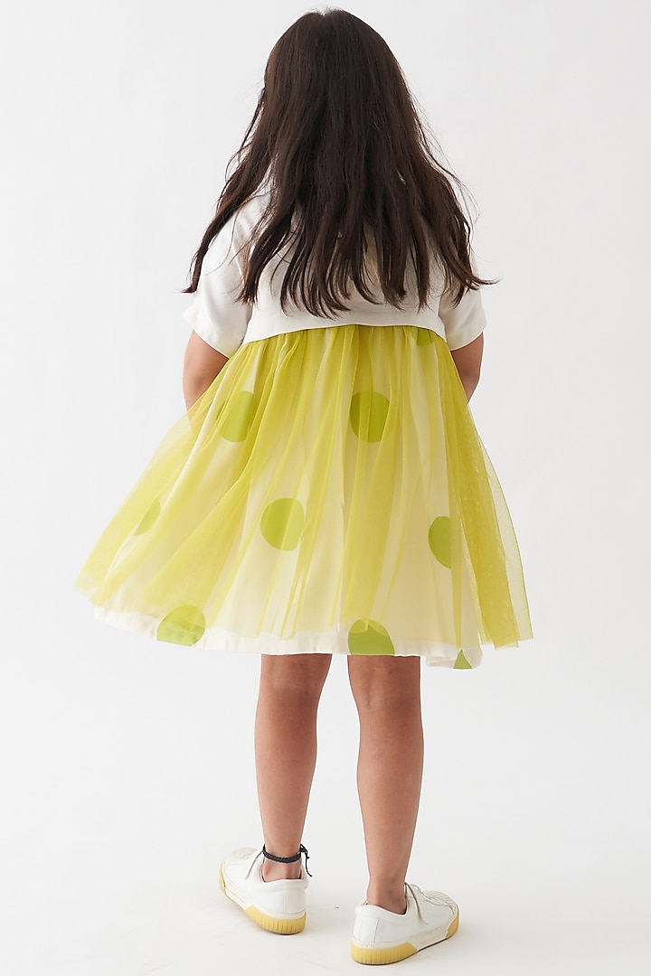 White & Lime Soft Net Polka Gathered Dress For Girls by Three Kidswear at Pernia's Pop Up Shop
