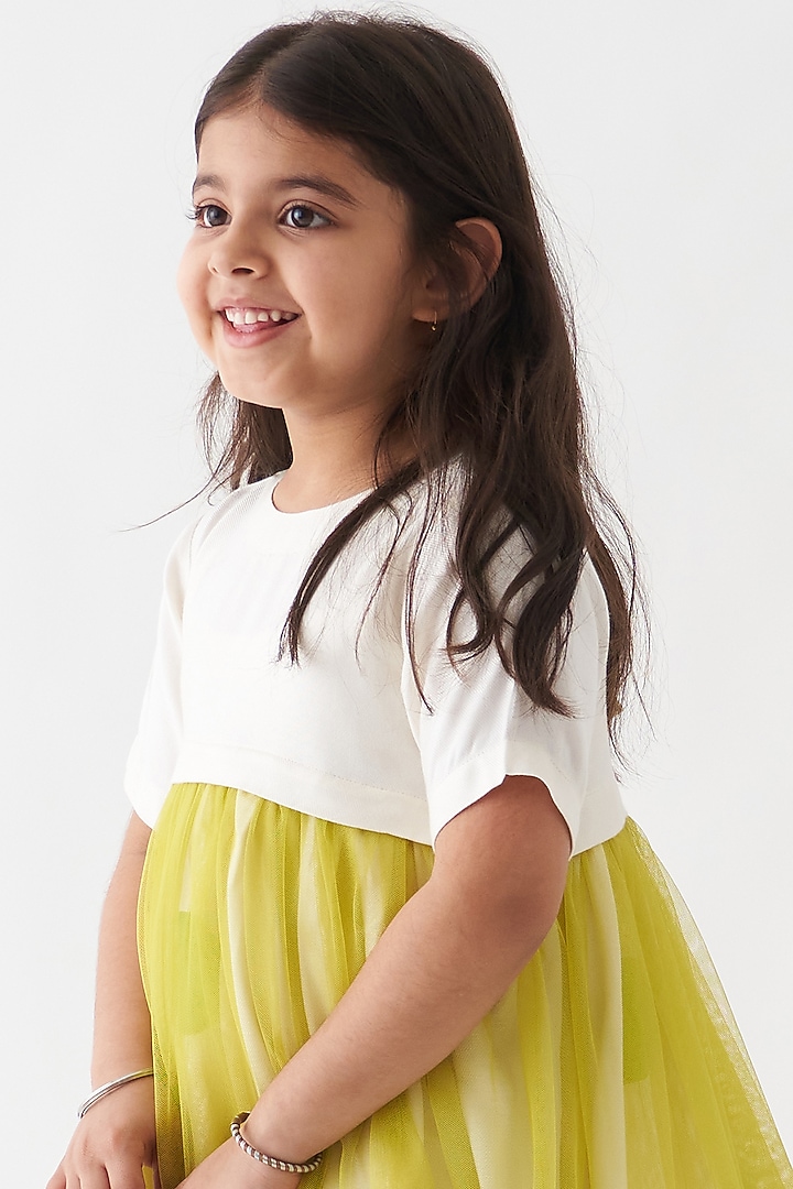 White & Lime Soft Net Polka Gathered Dress For Girls by Three Kidswear at Pernia's Pop Up Shop