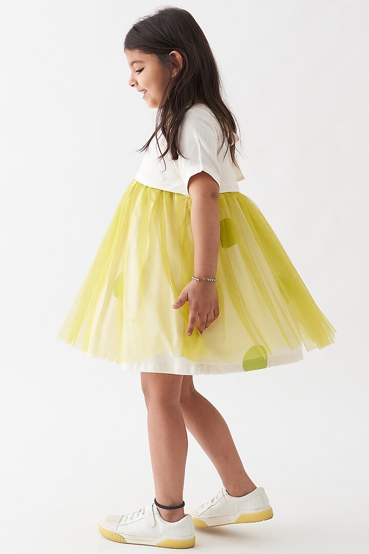 White & Lime Soft Net Polka Gathered Dress For Girls by Three Kidswear at Pernia's Pop Up Shop