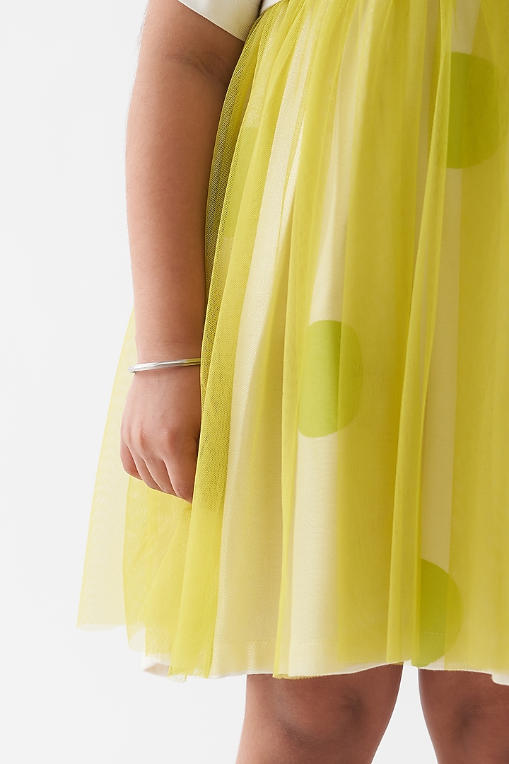 White & Lime Soft Net Polka Gathered Dress For Girls by Three Kidswear at Pernia's Pop Up Shop