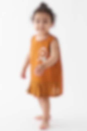 Rust Cotton Poplin Applique Pleated Dress For Girls by Three Kidswear