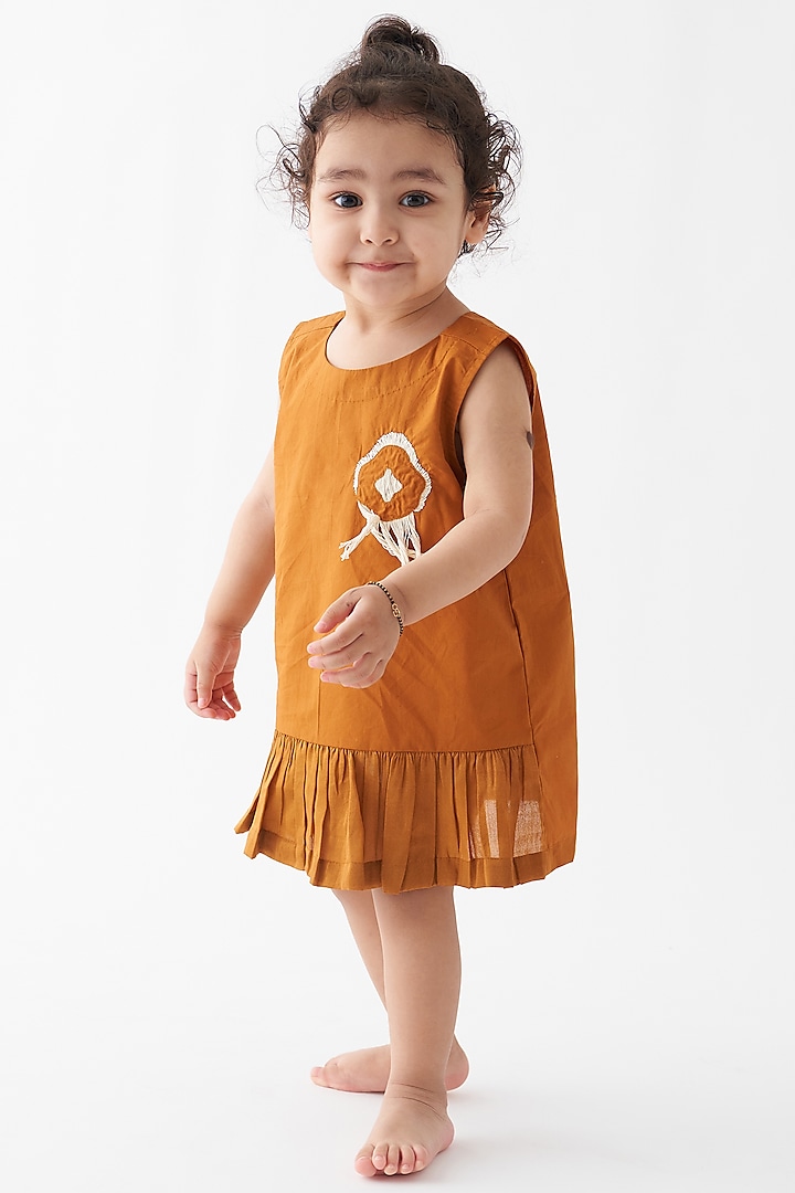 Rust Cotton Poplin Applique Pleated Dress For Girls by Three Kidswear