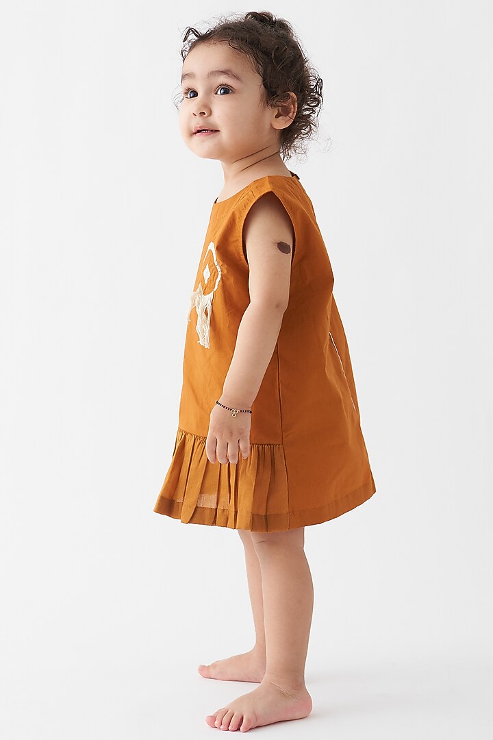 Rust Cotton Poplin Applique Pleated Dress For Girls by Three Kidswear at Pernia's Pop Up Shop
