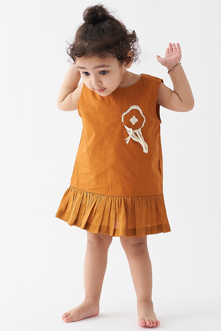 Rust Cotton Poplin Applique Pleated Dress For Girls by Three Kidswear at Pernia's Pop Up Shop