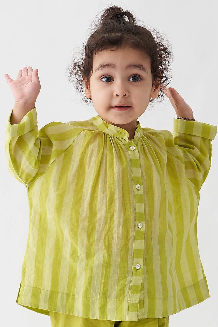 Lime Handwoven Cotton Striped Top For Girls by Three Kidswear