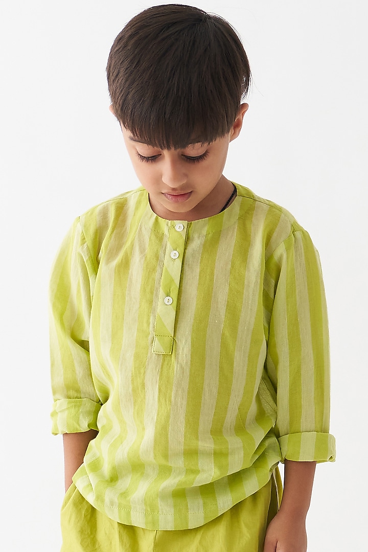 Lime Handwoven Cotton Striped Shirt For Boys by Three Kidswear