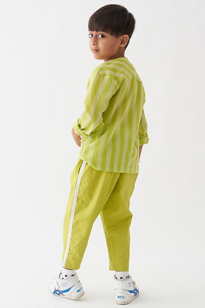 Lime Handwoven Cotton Striped Shirt For Boys by Three Kidswear at Pernia's Pop Up Shop