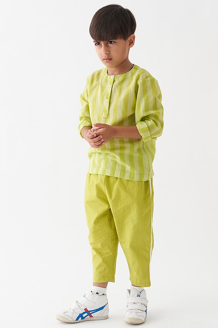 Lime Handwoven Cotton Striped Shirt For Boys by Three Kidswear at Pernia's Pop Up Shop